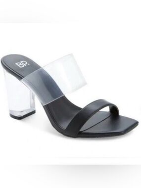 BP Naomi Clear block heel Slide sandals Black Heels Clear Strap NWOB size 9